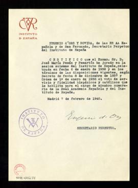 Certificación de Eugenio d'Ors, secretario del Instituto de España, de la jura de José María Pemá...