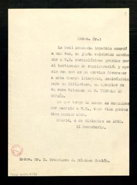 Copia sin firma del oficio del secretario a Francisco J. Sánchez Cantón en el que le comunica el ...