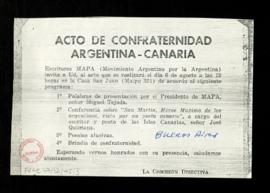 Fotocopia de la invitación al acto de confraternidad argentina-canaria, que se celebrará el 6 de ...