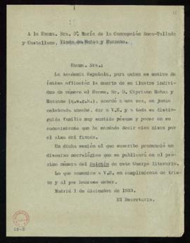 Minuta del oficio de pésame del secretario [Emilio Cotarelo] a María de la Concepción Roca-Tallad...