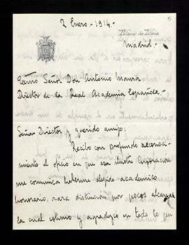 Carta del duque de Alba a Antonio Maura en la que acusa recibo del oficio en el que se le comunic...