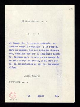 Copia del besalamano de Julio Casares a Armando Cotarelo que remite con el discurso de ingreso de...