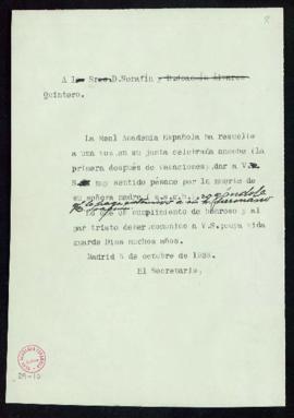 Minuta del oficio de pésame del secretario [Emilio Cotarelo] a Serafín Álvarez Quintero por el fa...