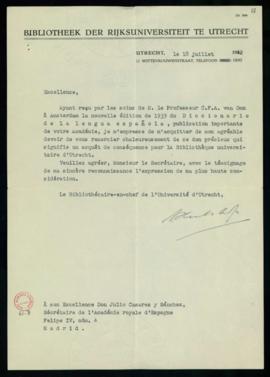 Carta del bibliotecario jefe de la Biblioteca de la Universidad de Utrecht a Julio Casares en la ...