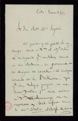 Carta de Adolfo de Castro a Antonio María Segovia con la que remite un talón del cajoncito con li...
