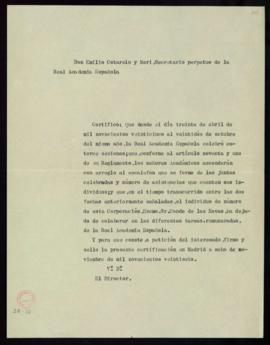 Certificación de Emilio Cotarelo, secretario, del perjuicio ocasionado al conde de las Navas por ...