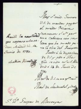 Orden de Manuel de Lardizábal del pago a Matías Ricarte de 600 reales de vellón por el tirado de ...