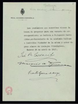 Propuesta de Eugenio Carré Aldao como académico correspondiente en Galicia