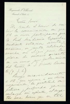 Carta de Raimundo F[ernández] Villaverde al secretario [Mariano Catalina] de agradecimiento a la ...