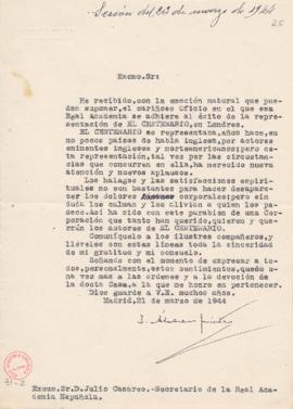 Carta de Joaquín Álvarez Quintero a Julio Casares en la que acusa recibo de la felicitación de la...