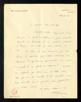 Carta de Adolfo Salazar a Melchor Fernández Almagro en la que reconoce que está en deuda con él
