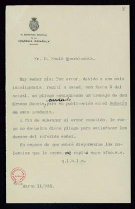 Minuta de la carta [de Emilio Cotarelo] a Saulo Quereizaeta en la que le pide que le devuelva el ...