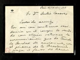 Carta de Gregorio Maura a Julio Casares para pedirle que manifieste su agradecimiento a la Academ...