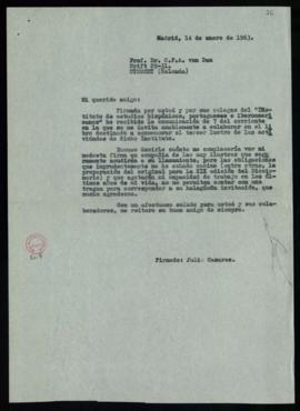 Minuta de la carta de Julio Casares a C. F. Adolf van Dam en la que excusa su colaboración en la ...
