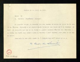 Carta del conde de Lascoiti a Melchor Fernández Almagro con la que le remite una copia de una car...