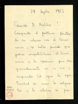 Carta de Elías Díaz a Melchor Fernández Almagro en la que le dice que no puede compatibilizar el ...