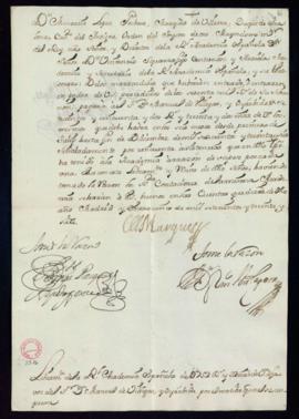 Orden del marqués de Villena del libramiento a favor de Manuel de Villegas y Oyarvide de 752 real...