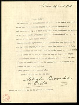 Carta de Salvador Bermúdez de Castro al secretario en la que acusa recibo de su nombramiento como...