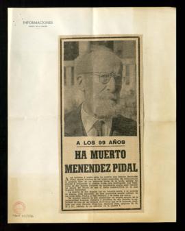Recorte del diario Informaciones con la noticia A los 99 años ha muerto Menéndez Pidal