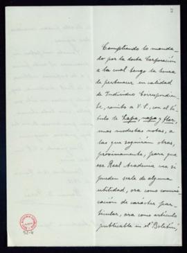 Carta de Ramón D. Perés al secretario con la que envía su trabajo titulado Lapa, napa y flor