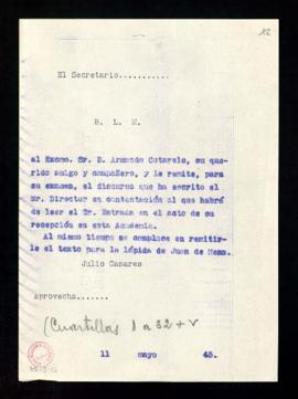 Copia del besalamano de Julio Casares a Armando Cotarelo con el que le remite, para su examen, el...