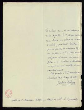Carta de Julián Ribera al secretario, Mariano Catalina, de agradecimiento a la Academia por su el...
