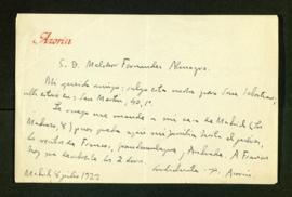 Carta de Azorín a Melchor Fernández Almagro en la que le avisa de que sale para San Sebastián y r...