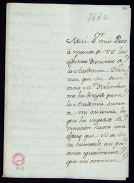 Carta del duque de Alba a Juan [de] Trigueros con la que remite unos discursos de la Academia Fra...