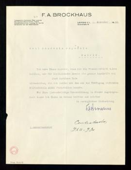 Carta de la editorial F. A. Brockhaus en la que solicita, con fines léxicos, la dirección de José...