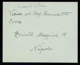 Nota con la dirección postal en Nápoles de la viuda de Benedetto Croce