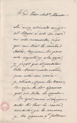 Carta en verso de Mariano Benavente a Pedro Antonio de Alarcón para agradecerle los cigarros y lo...