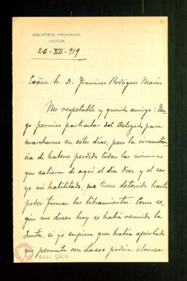 Carta de Antonio Alcalá Venceslada a Francisco Rodríguez Marín en la que le ruega que le diga si ...