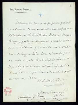 Propuesta firmada por Aureliano Fernández-Guerra, el conde de Cheste y Manuel Tamayo y Baus de Al...