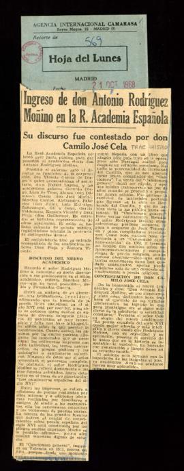Recorte del periódico Hoja del Lunes con la crónica titulada Ingreso de don Antonio Rodríguez Moñ...