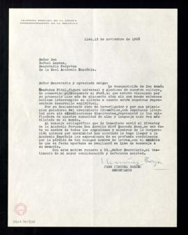 Carta de José Jiménez Borja, secretario de la Academia Peruana, a Rafael Lapesa, secretario, en l...