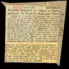 Recorte de prensa con la noticia Próximo homenaje en Osuna al ilustre polígrafo D. Francisco Rodr...