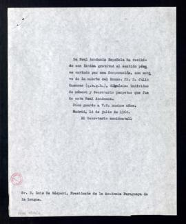 Copia del oficio del secretario accidental, Rafael Lapesa, a Luis de Gásperi, presidente de la Ac...