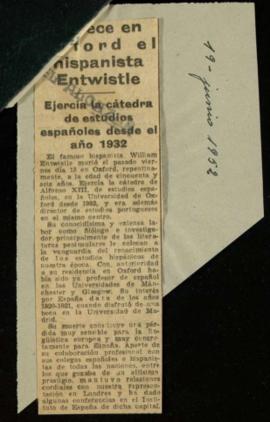 Recorte del diario El Alcázar con la noticia titulada Fallece en Oxford el hispanista Entwistle