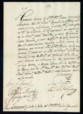 Orden del marqués de Villena del abono a favor de Pedro González de 12 987 reales y 2 maravedís d...