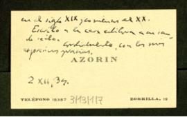 Tarjeta de visita de Azorín a Melchor Fernández Almagro en la que le agradece el envío de su libr...