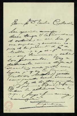 Carta de Juan de Armada y Losada, marqués de Figueroa, a Emilio Cotarelo en la que comunica que v...