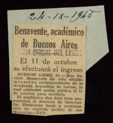 Recorte de prensa con el título Benavente, miembro de la Academia Argentina de Letras