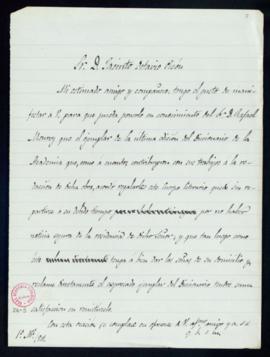 Minuta de la carta del secretario [Mariano Catalina] a Jacinto Octavio Picón en la que le comunic...