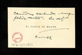 Tarjeta del duque de Maura con la que felicita el año a Melchor Fernández Almagro