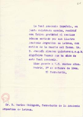 Minuta del oficio del secretario a Carlos Obligado, secretario de la Academia Argentina de Letras...