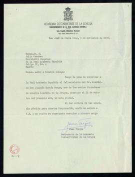Carta de Juan Trejos, secretario de la Academia Costarricense de la Lengua, a Julio Casares con l...