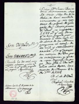 Carta de Rafael Sánchez de Aguilera a Juan Crisóstomo Alamanzón sobre la recepción de 56 resmas d...