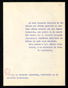 Copia sin firma del oficio del secretario a Federico Llaverias, secretario de la Academia Dominic...
