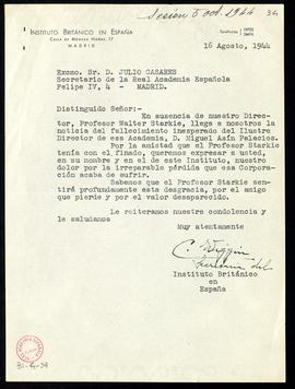 Carta de la secretaria de Instituto Británico en España de traslado, en nombre de Walter Starkie,...