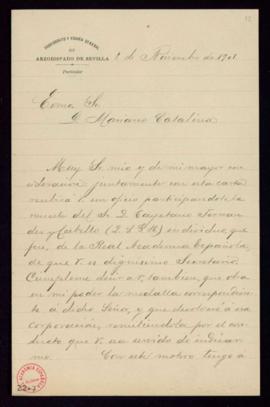 Carta de Jerónimo Álvarez al secretario, Mariano Catalina, en la que le indica que tiene en su po...